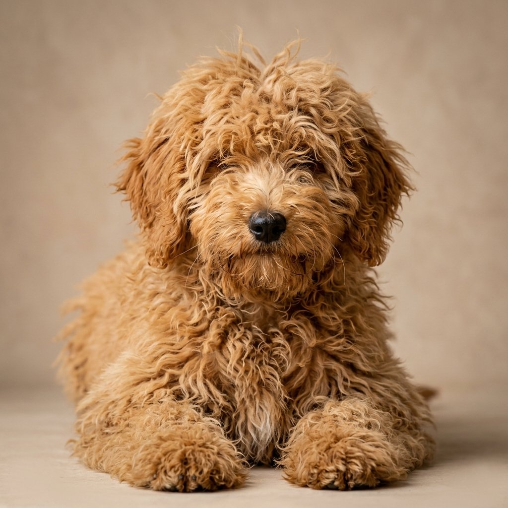 Golden Doodle puppy before haircut with overgrown curly fur