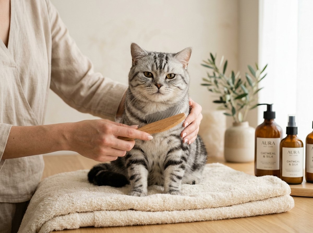 British Shorthair cat being brushed gently