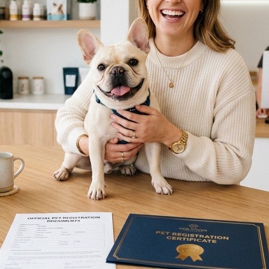 Close-up of happy French Bulldog at reception