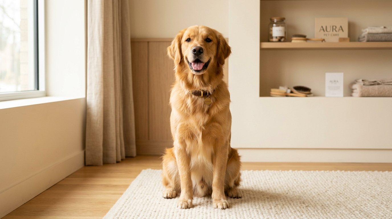 A healthy, beautifully groomed Golden Retriever sitting comfortably in the PetPerfect studio